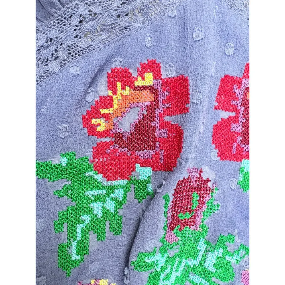 ASOS DESIGN Embroidered Floral Mini Dress 10 Blue Swiss Dot Cottagecore Boho NWT - Picture 7 of 14